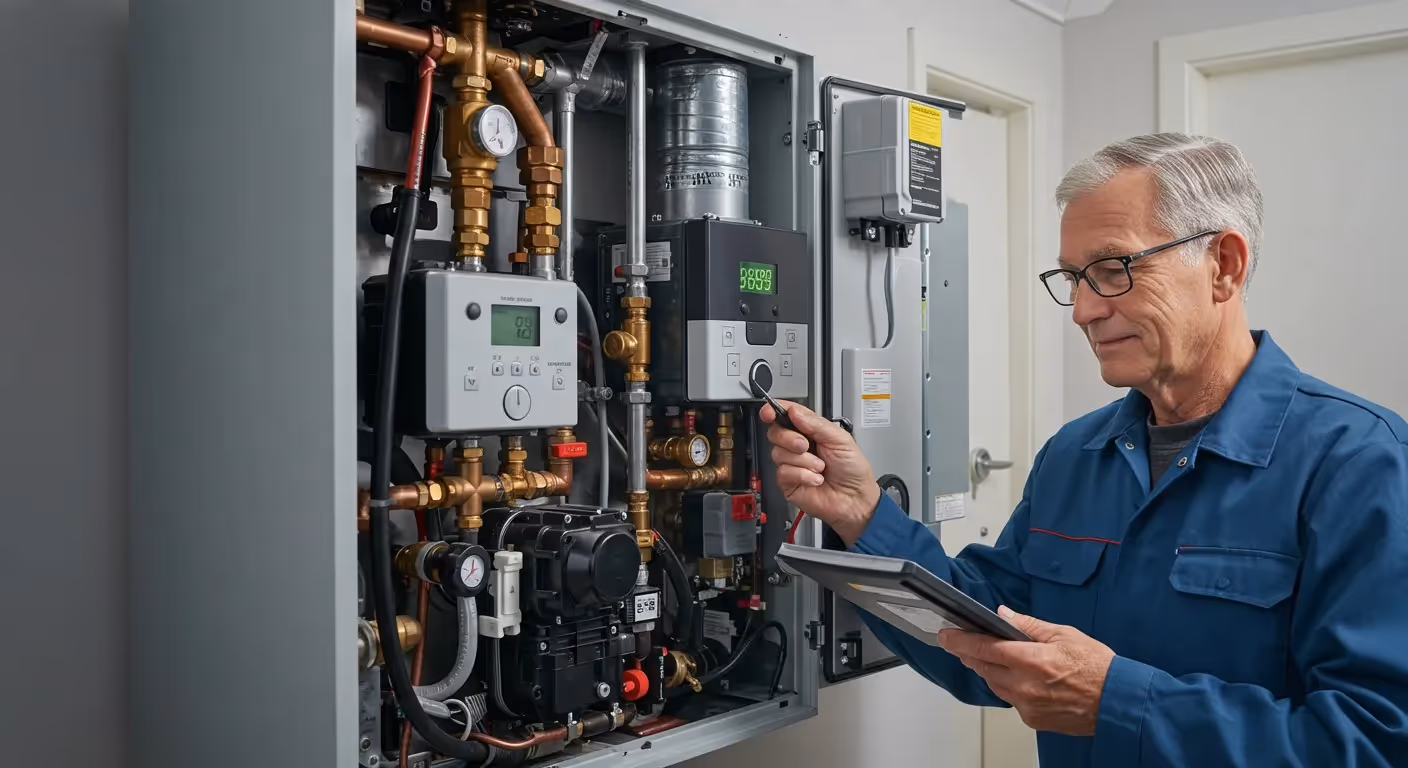 Man replacing internal components of a heating system.