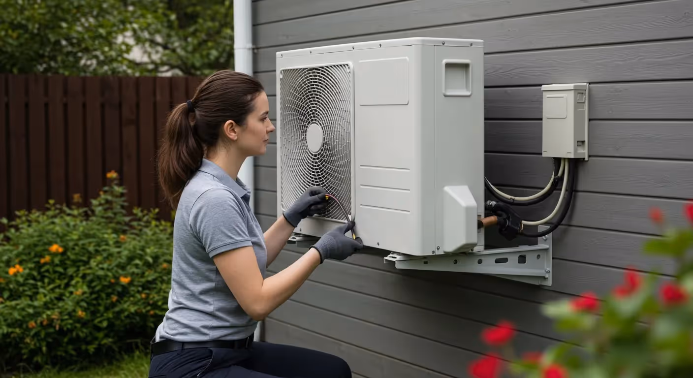 Technician servicing outdoor mini-split air conditioner.