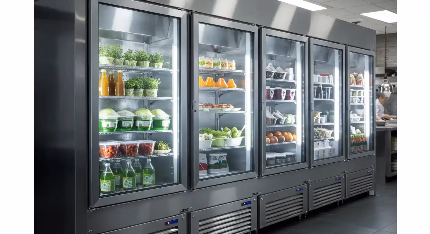 A bank of commercial glass-door display refrigerators containing drinks, fresh vegetables, and packaged goods in a professional kitchen or market setting.