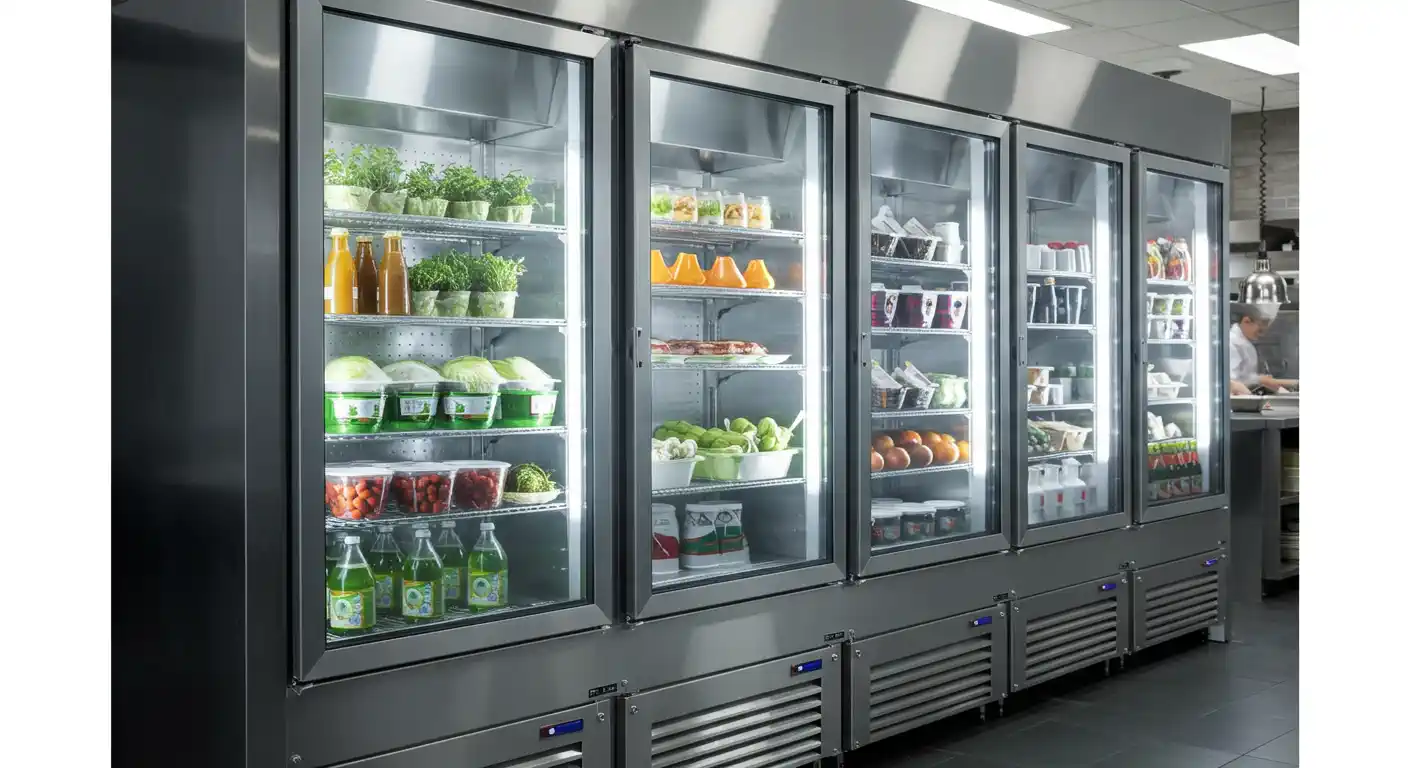 A bank of commercial glass-door display refrigerators containing drinks, fresh vegetables, and packaged goods in a professional kitchen or market setting.