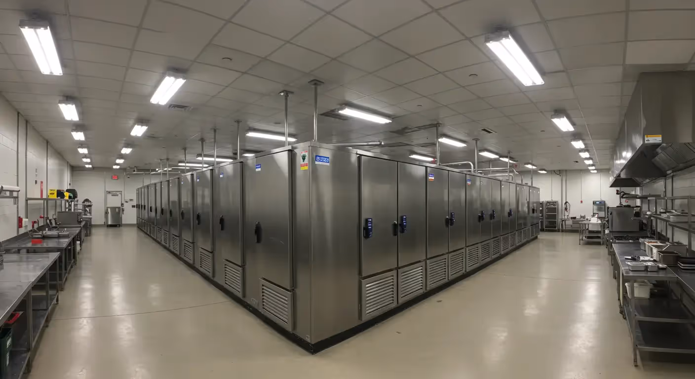 Large, stainless steel commercial refrigerator with double doors in a clean professional kitchen.
