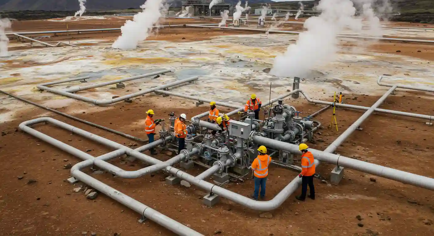 Workers in safety gear inspect steam-venting pipes at an active geothermal power plant in a volcanic region.