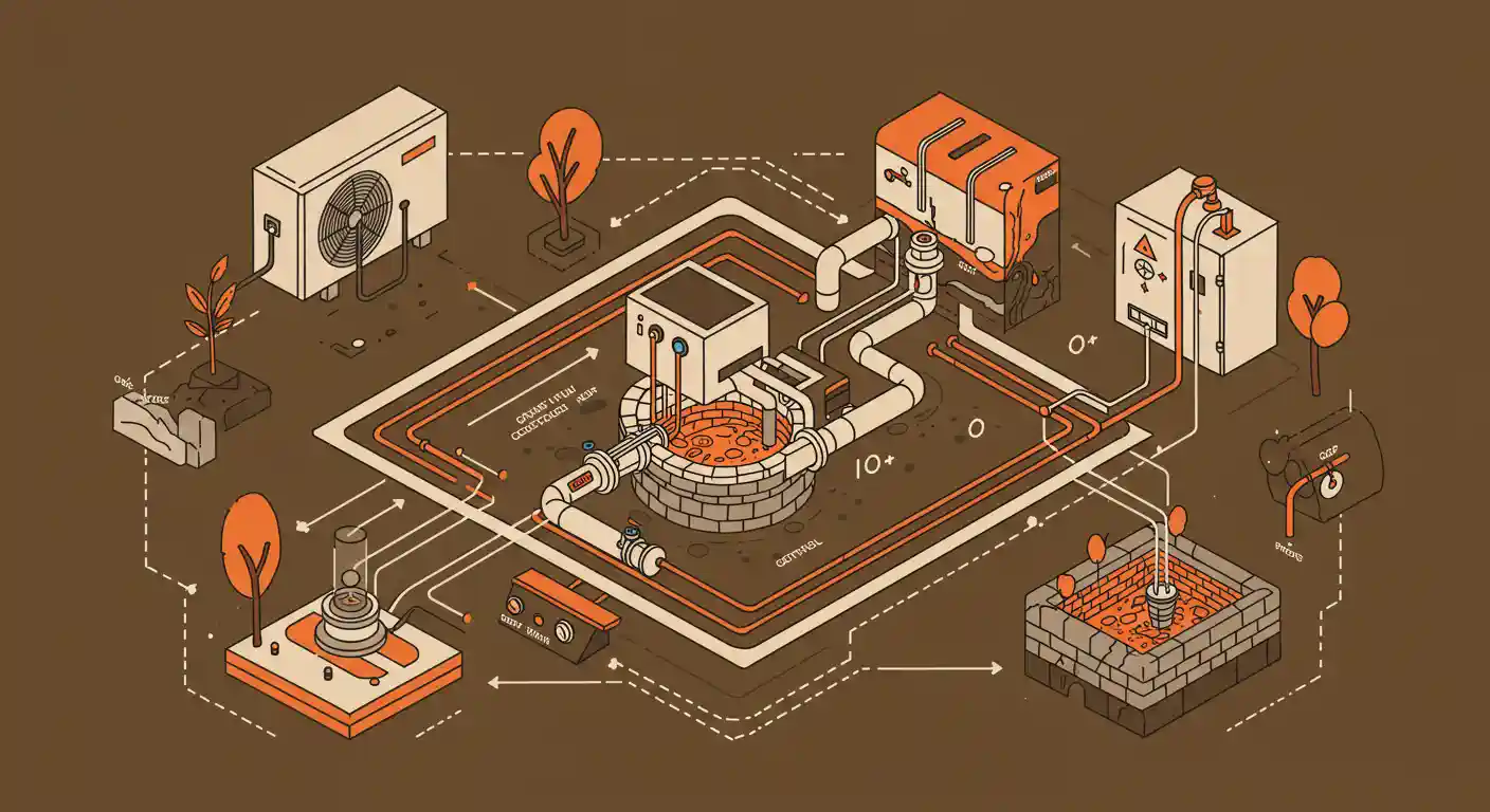 Isometric illustration of a geothermal system with labeled gas components, pipes, valves, and environmental elements.