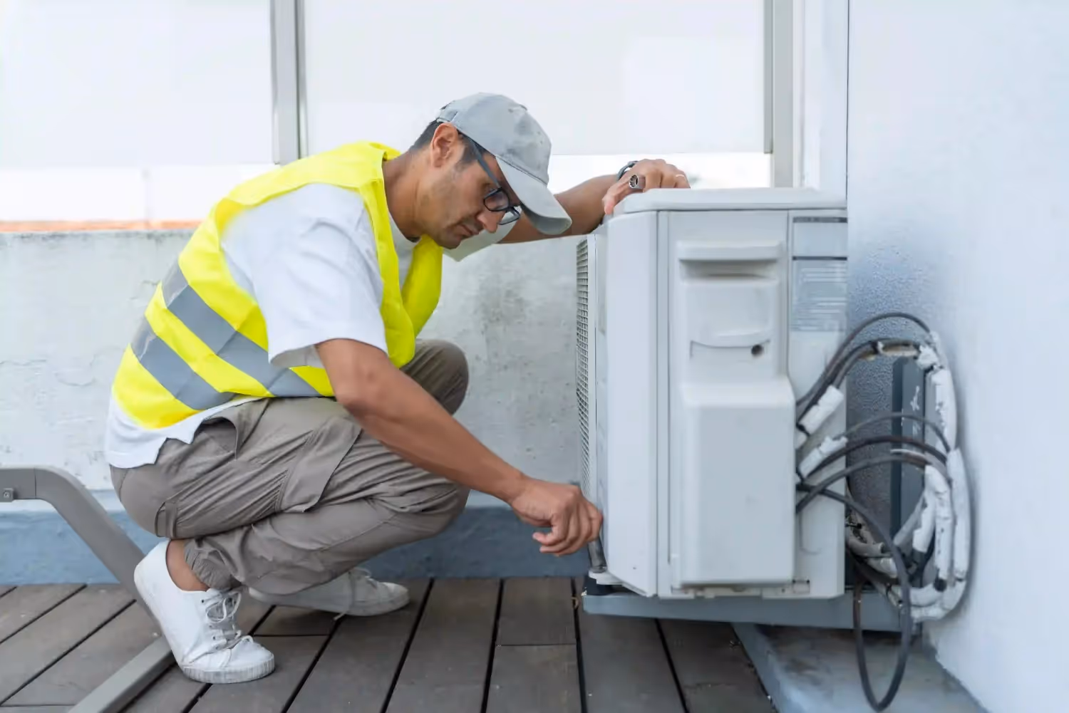 Technician in safety vest and cap crouches beside rooftop AC unit, inspecting lower components with tool.