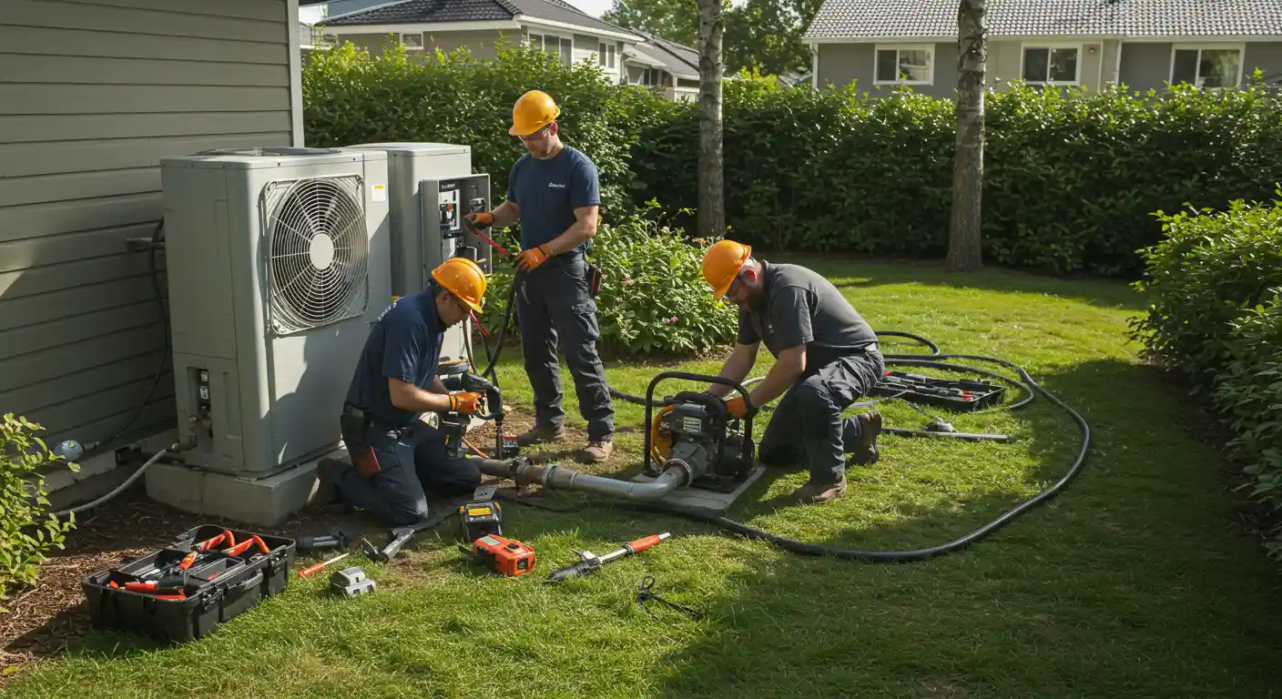 Three workers installing an outdoor heat pump.