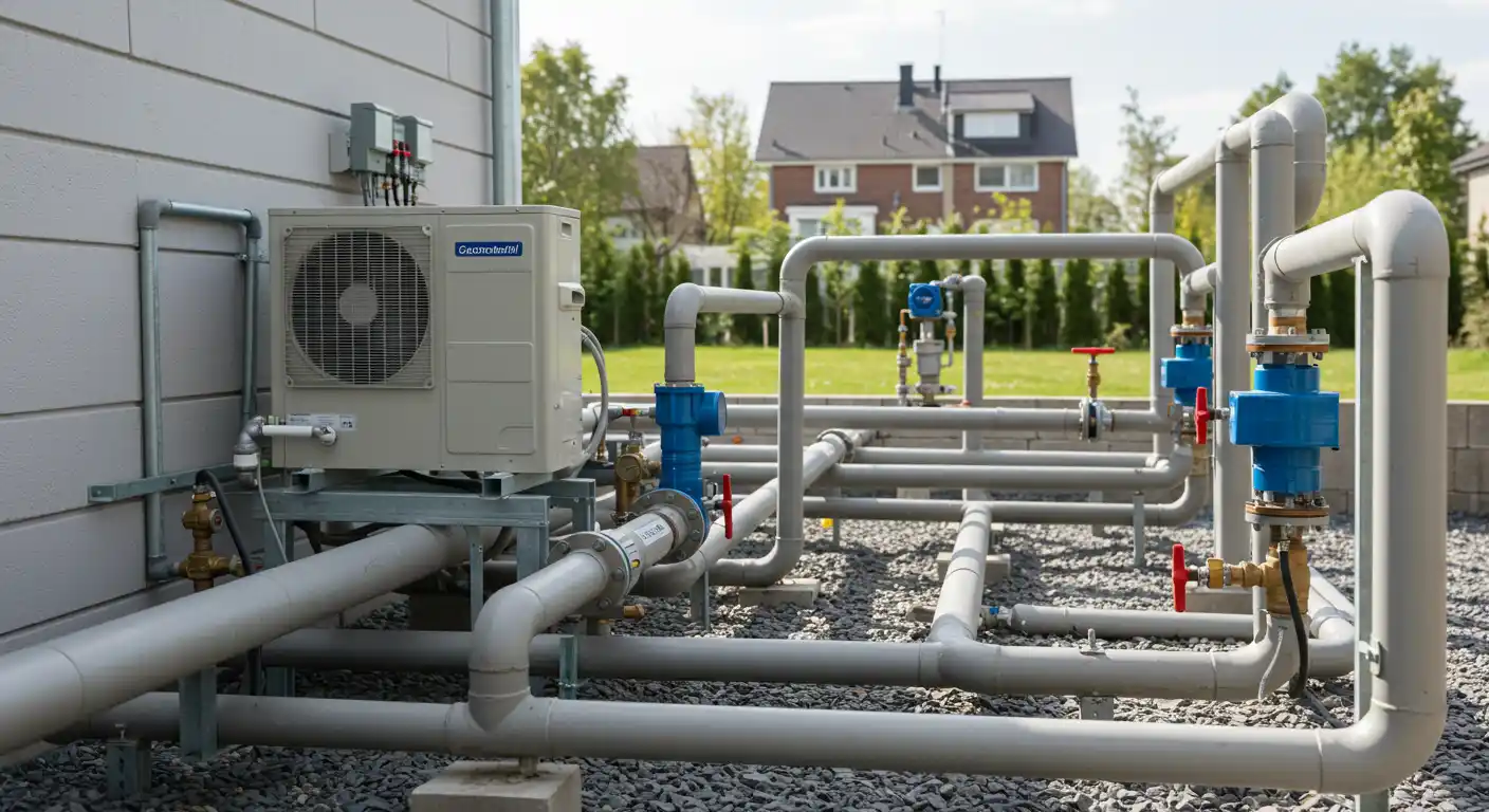 Outdoor geothermal heat pump unit installation.