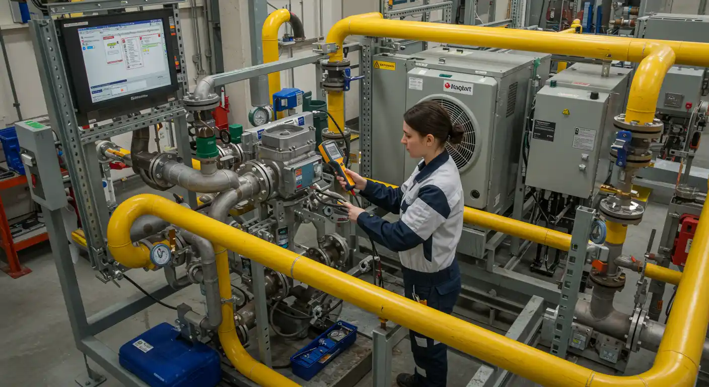 Woman checking industrial heat pump gauges.