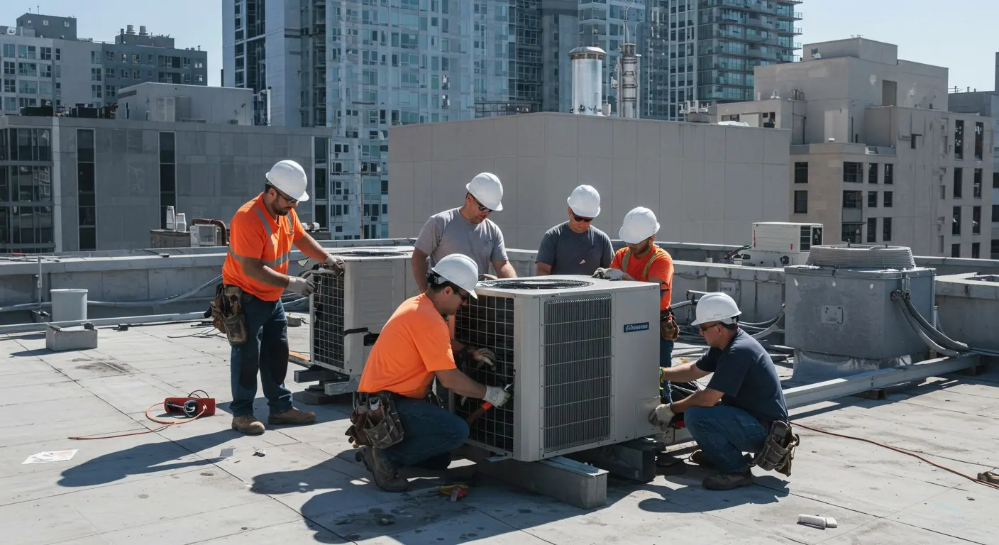 Five workers install rooftop HVAC units downtown.