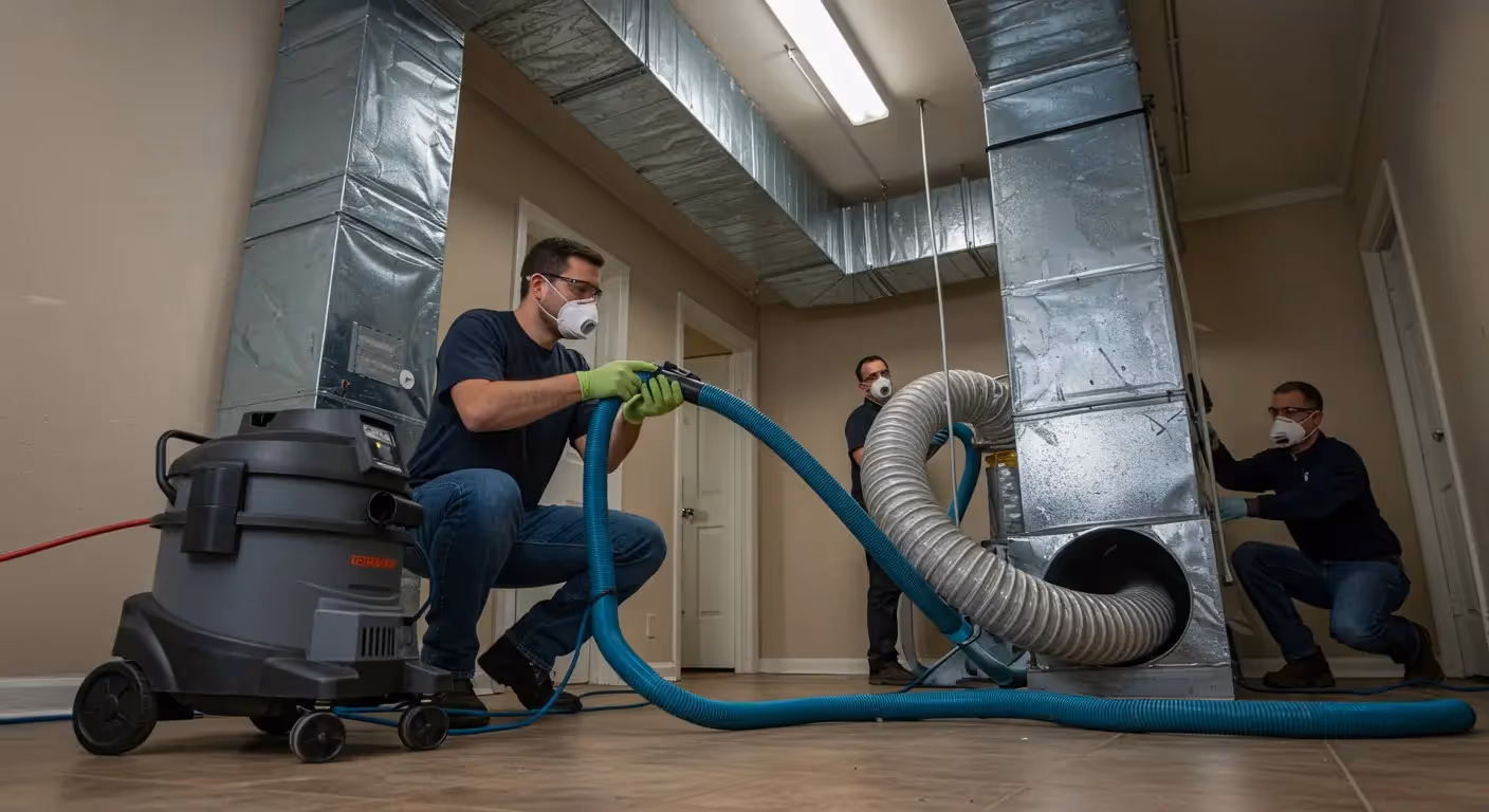 Three technicians wearing respirator masks are cleaning air ducts with a large vacuum system. One kneels in the foreground, holding a blue hose connected to the vacuum unit.
