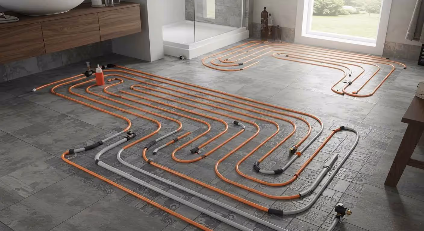 This is a high-angle, wide shot of an orange and gray radiant floor heating system installed over a dark tile floor in a modern bathroom. The tubing is laid out in long, looping patterns around a shower enclosure and a window. Various connectors and fittings are visible on the ends of the tubing runs.