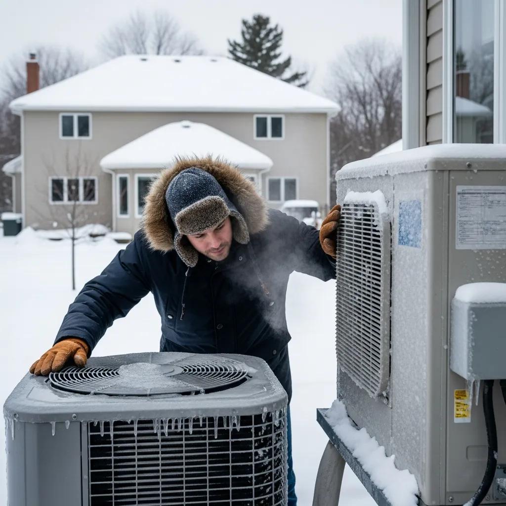 Homeowner checking a frost-covered outdoor heat pump during a routine inspection