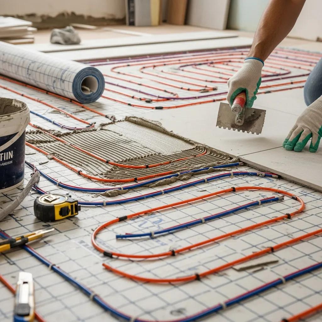 Close-up of electric radiant floor heating system installation, featuring heating mats and electric wires beneath tile floor, with a worker applying mortar and tools nearby.