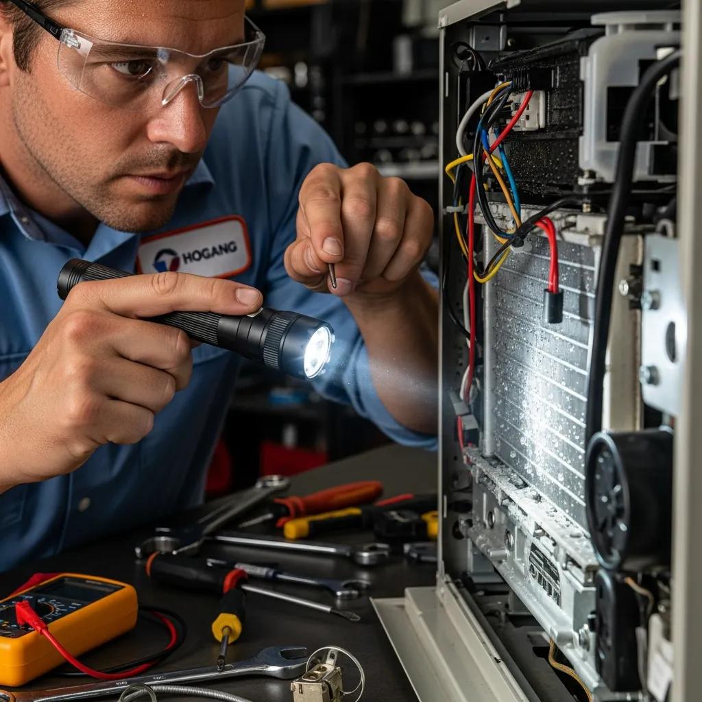 HVAC technician inspecting air conditioning unit components