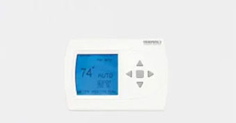 Programmable thermostat with humidity control display showing 74°F, featuring easy-to-use buttons for home comfort management.