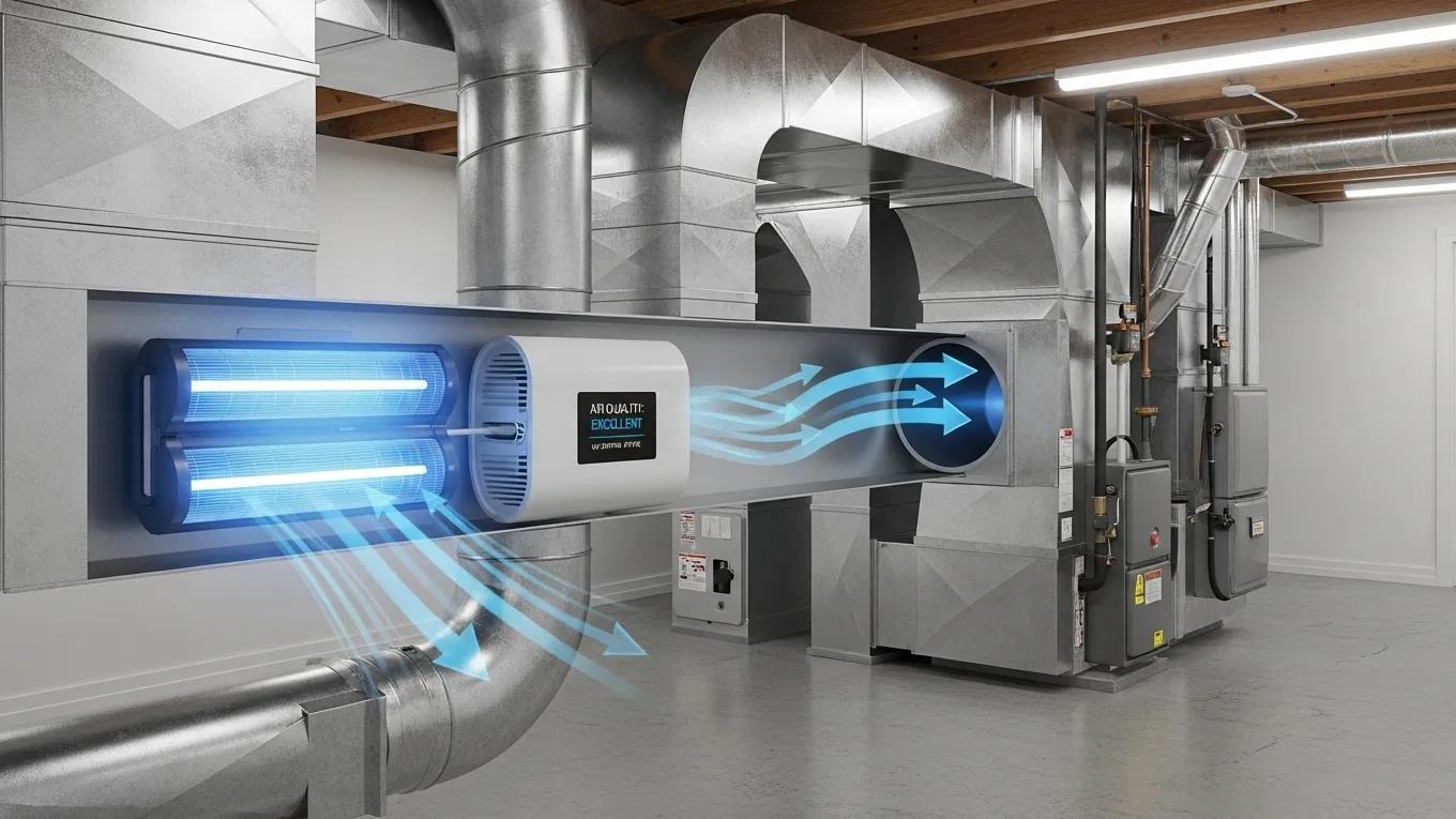 Modern UV light air purifier in an HVAC system enhancing indoor air quality