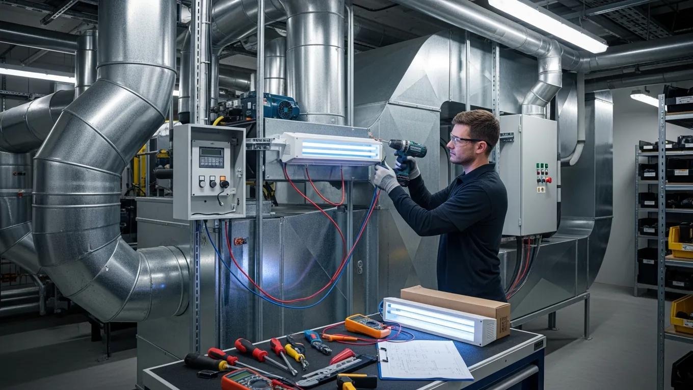 Technician installing a UV light air purifier in an HVAC system