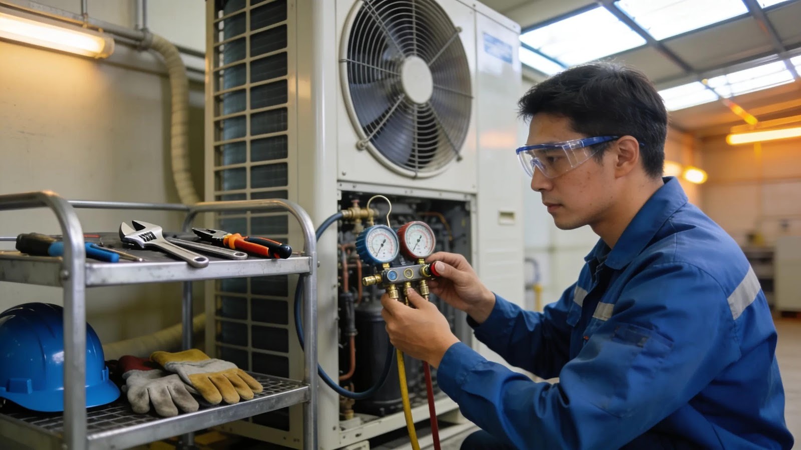 Technician performing preventative maintenance on a commercial HVAC unit to improve energy efficiency