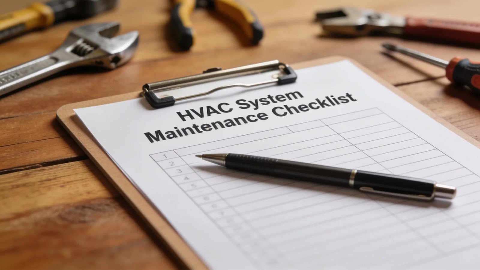 Close-up of a maintenance checklist for HVAC systems on a clipboard with tools in the background