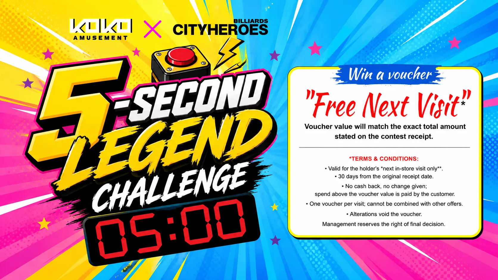 KOKO Amusement x Cityheroes 5-Second Legend Challenge - stop the timer at exactly 5.00 to win a Free Next Visit voucher