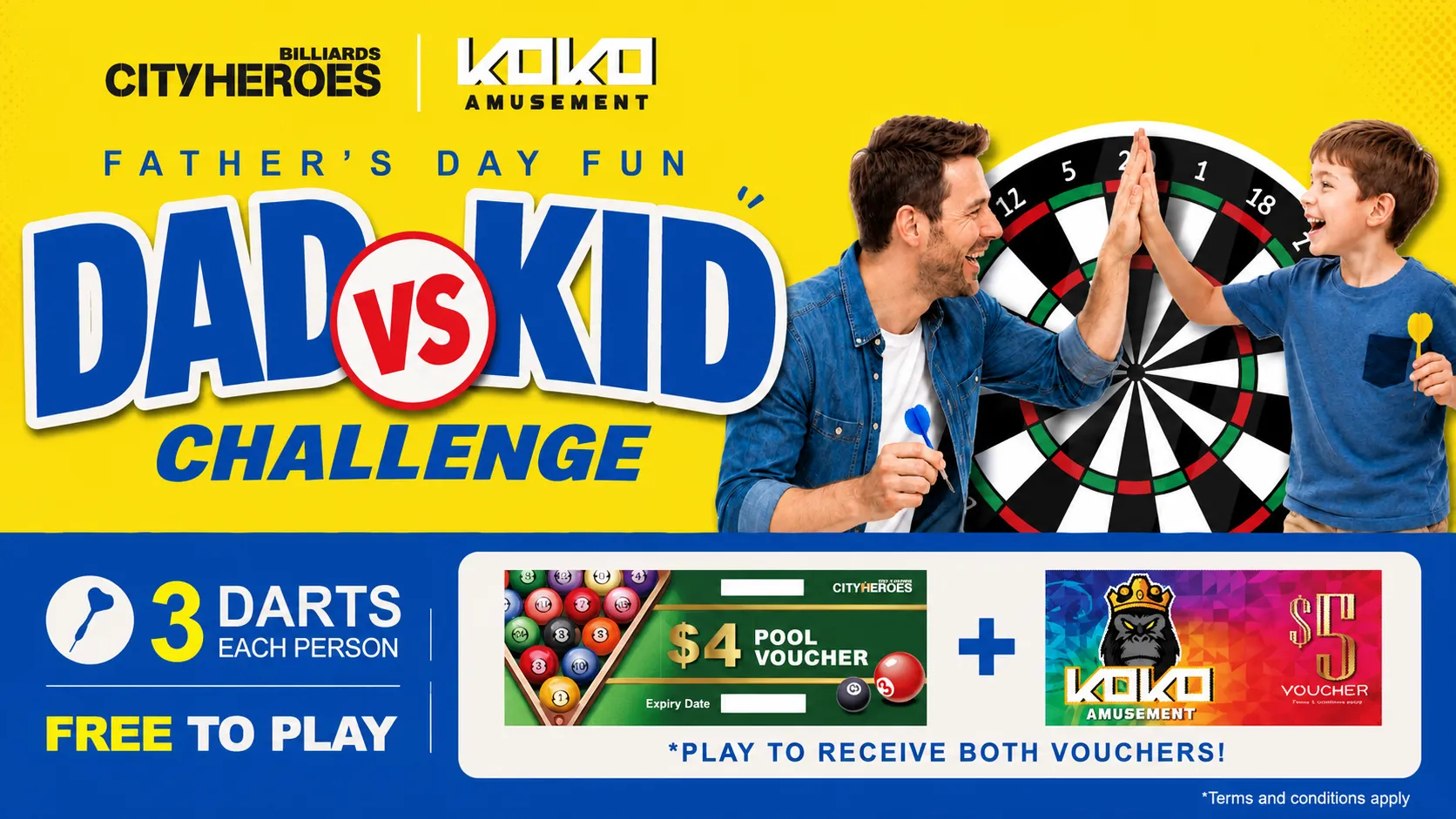 KOKO Amusement x Cityheroes Father's Day Dad vs Kid darts challenge - three darts each, free to play, with $4 pool and $5 KOKO vouchers