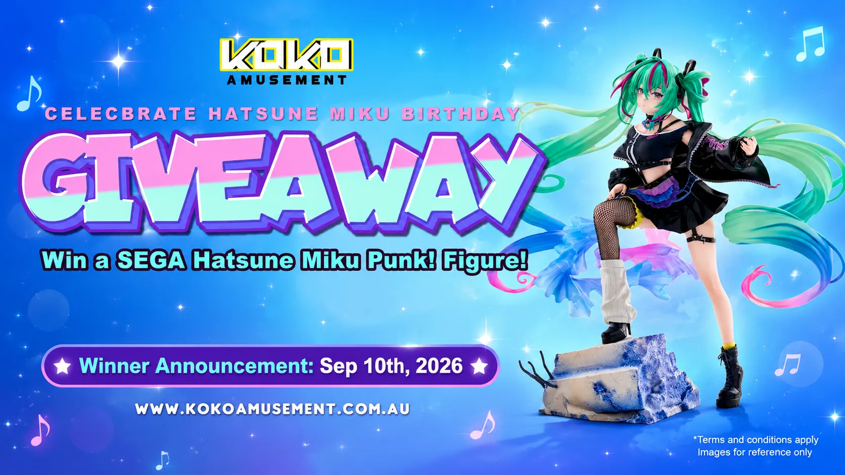 KOKO Amusement Hatsune Miku birthday giveaway - win a SEGA Hatsune Miku Punk figure, winner announced 10 September 2026