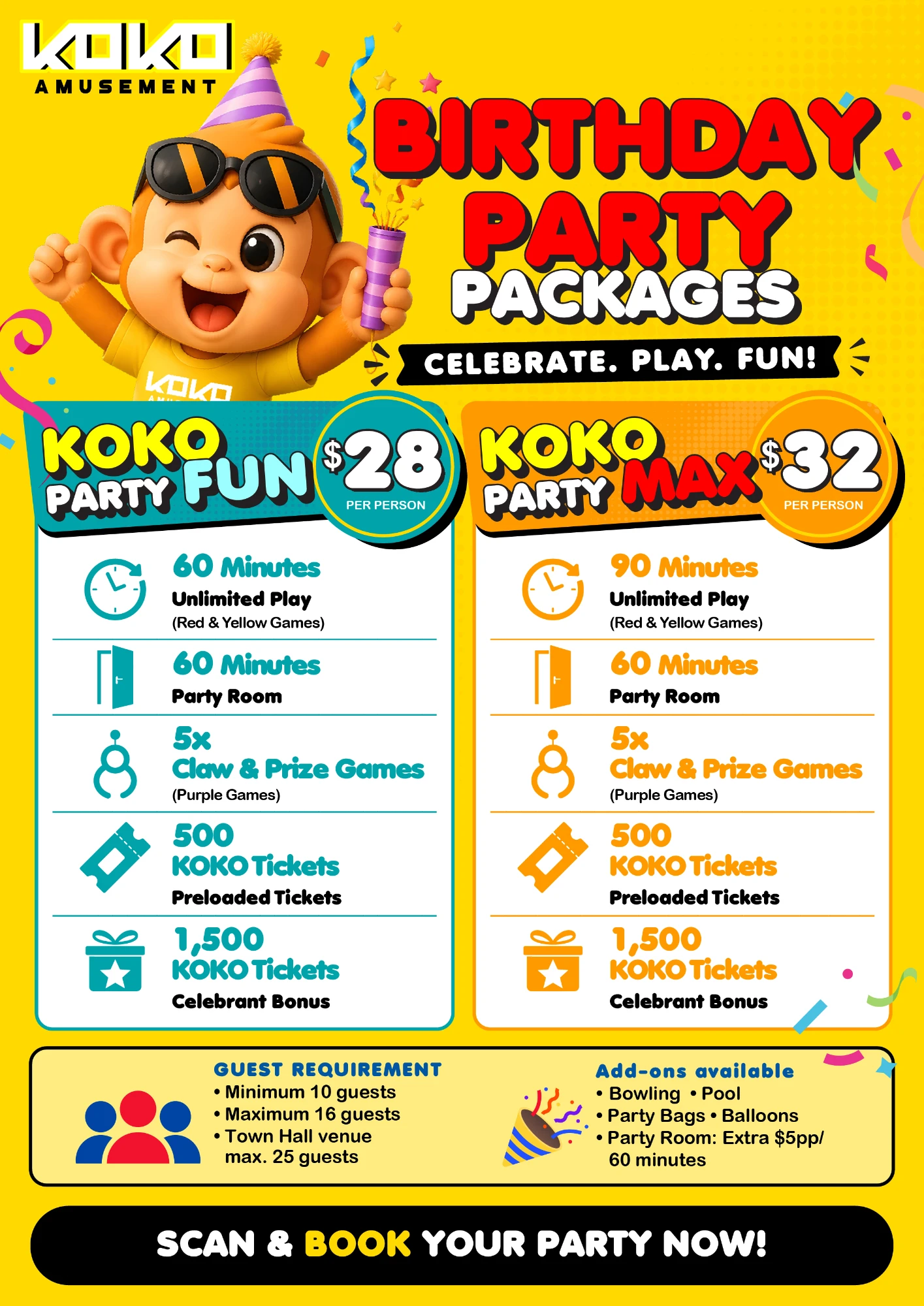 KOKO Amusement birthday party packages and pricing