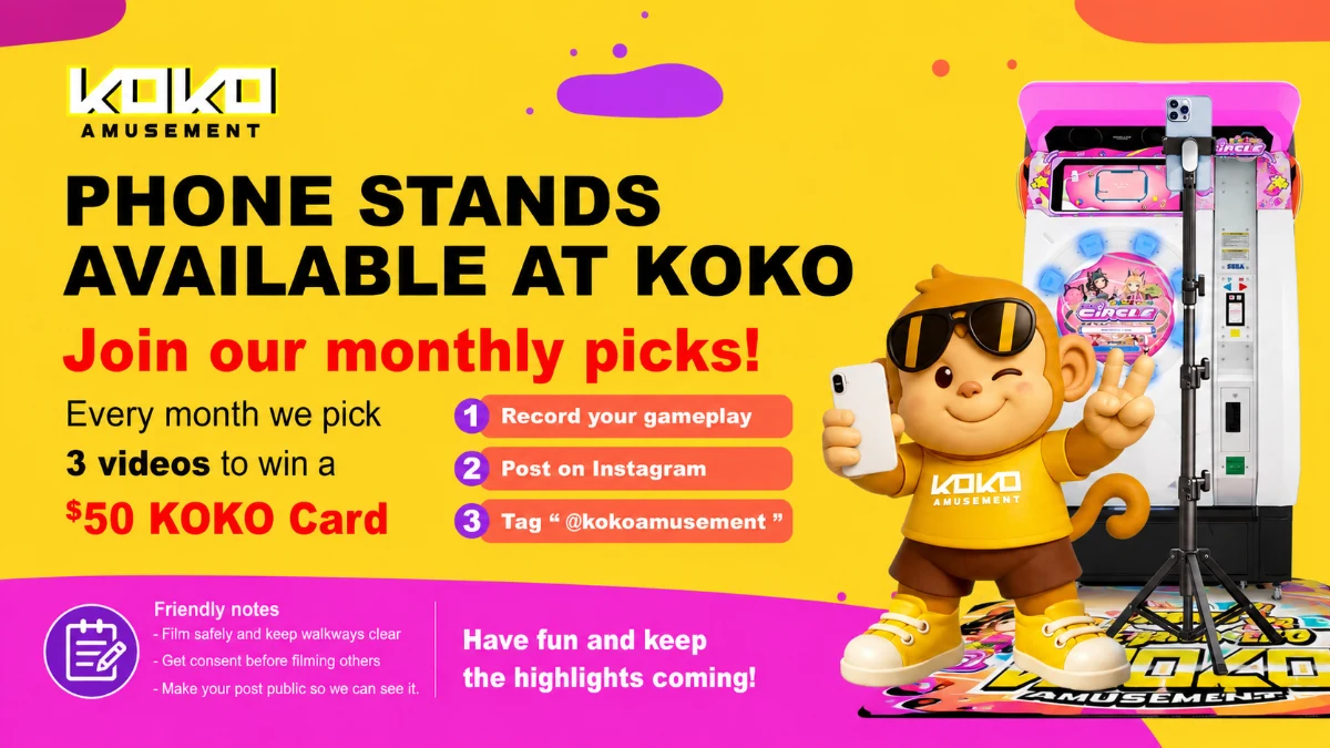 Free phone stand mounted at a KOKO Amusement arcade machine for recording gameplay