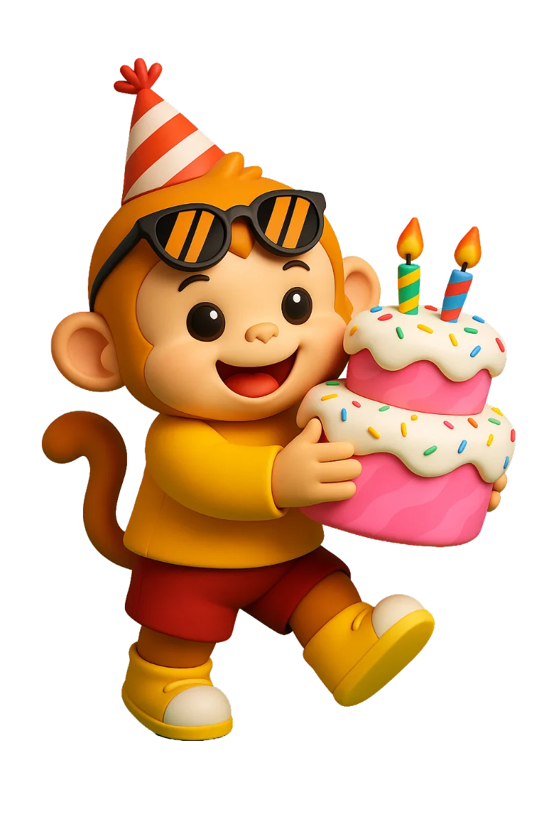 Illustration of George the KOKO mascot with arcade prizes