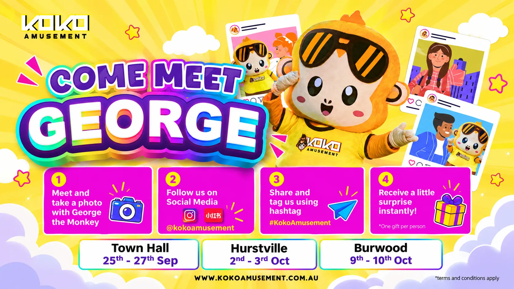 Come meet George the Monkey at KOKO Amusement these school holidays – Town Hall, Hurstville and Burwood