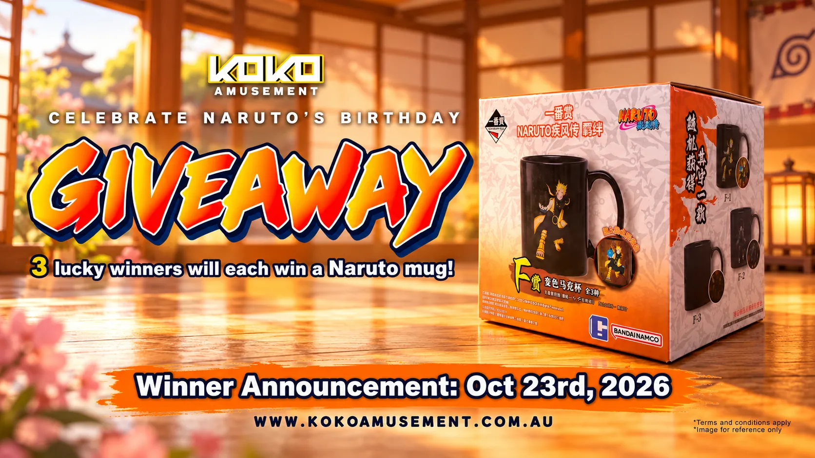 KOKO Amusement Naruto birthday giveaway – 3 winners each win a Naruto mug, winners announced 23 October 2026