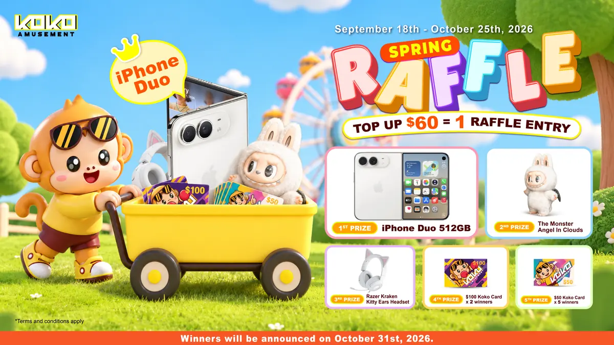 KOKO Amusement Spring Raffle 2026 – top up $60 for 1 entry to win an iPhone Duo 512GB, 18 Sep – 25 Oct 2026