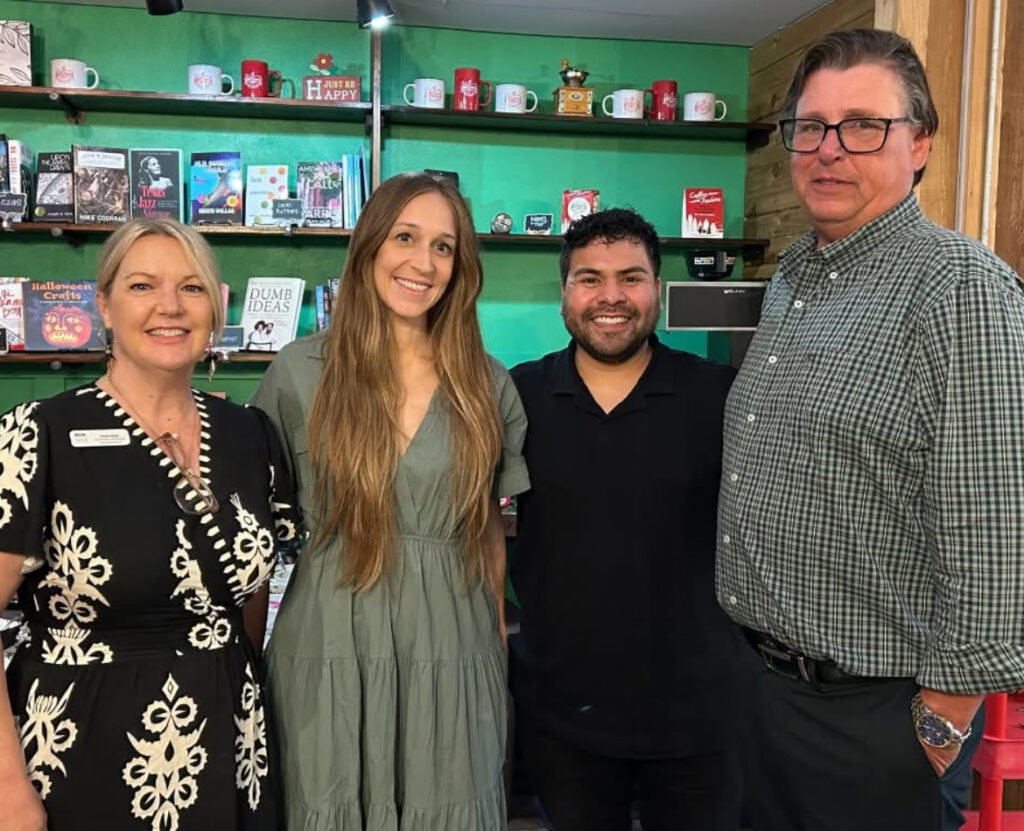 Tracie Owens (far right), Lydia Neighbors, (right), Jesse Cordova (left), and Chrisopher Bennet, (far right) pose for a picture at the 2025 Denton Neighbors Mental Health Networking Event