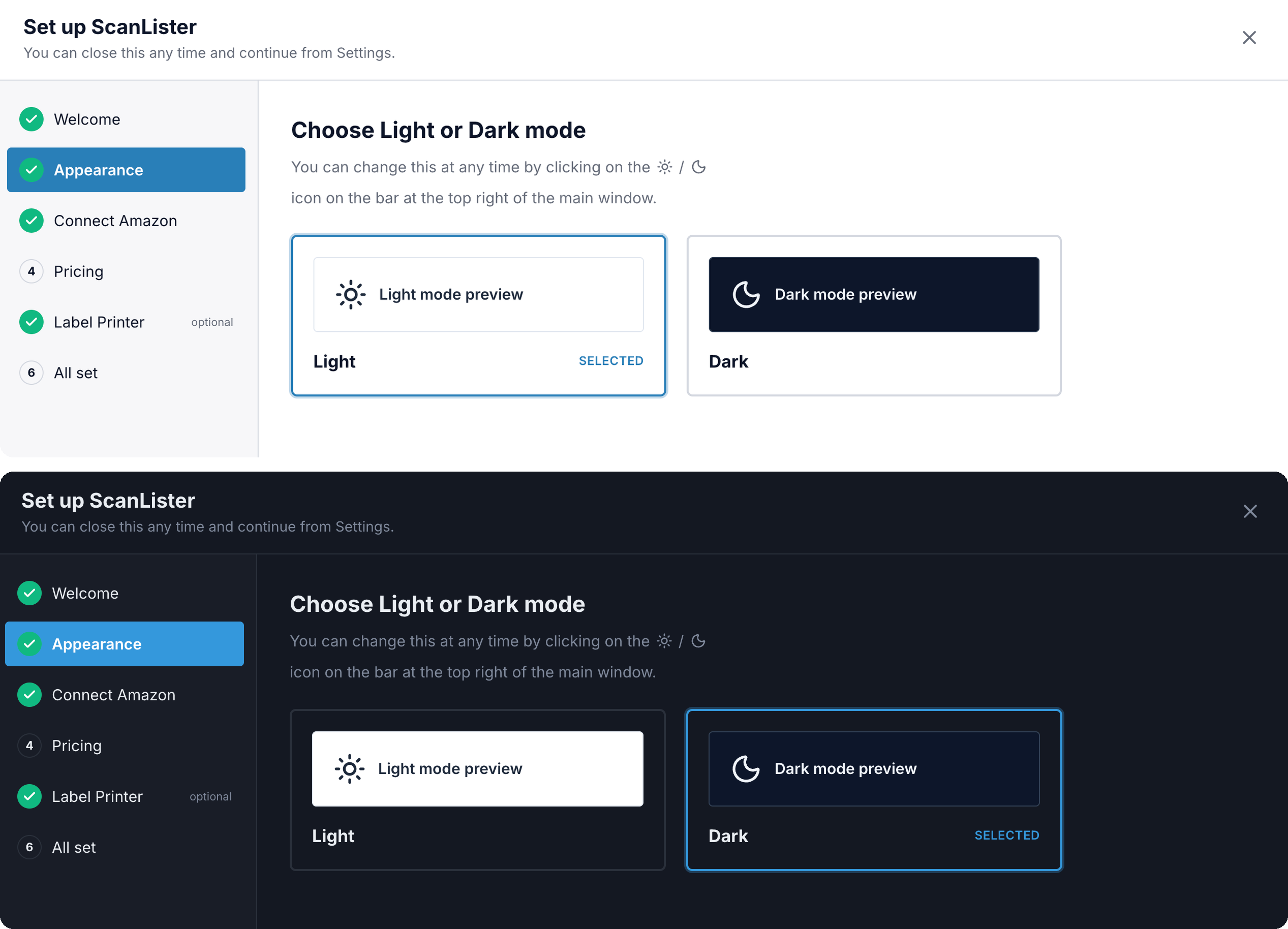 The ScanLister setup wizard in light mode above and dark mode below, showing the same Appearance step