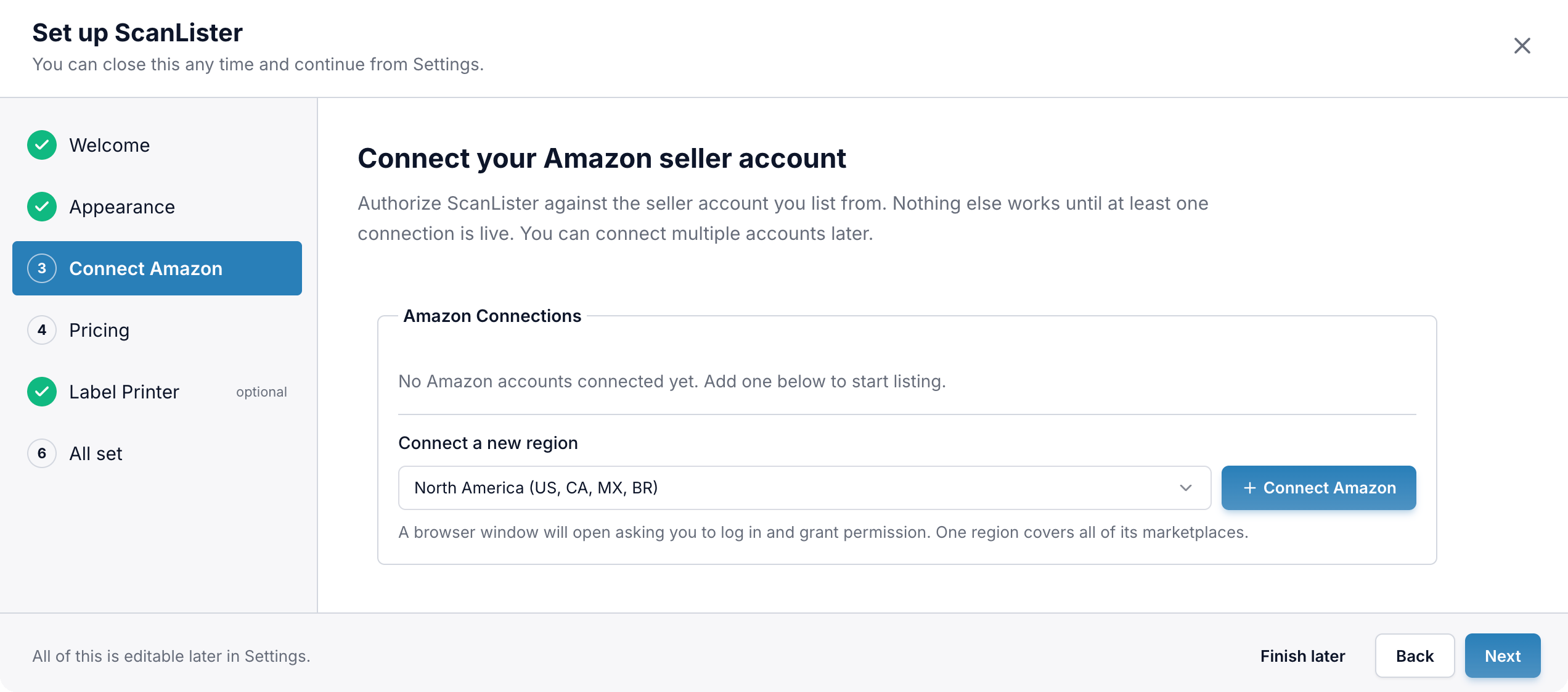 The Connect Amazon step with no accounts connected yet and a region dropdown set to North America