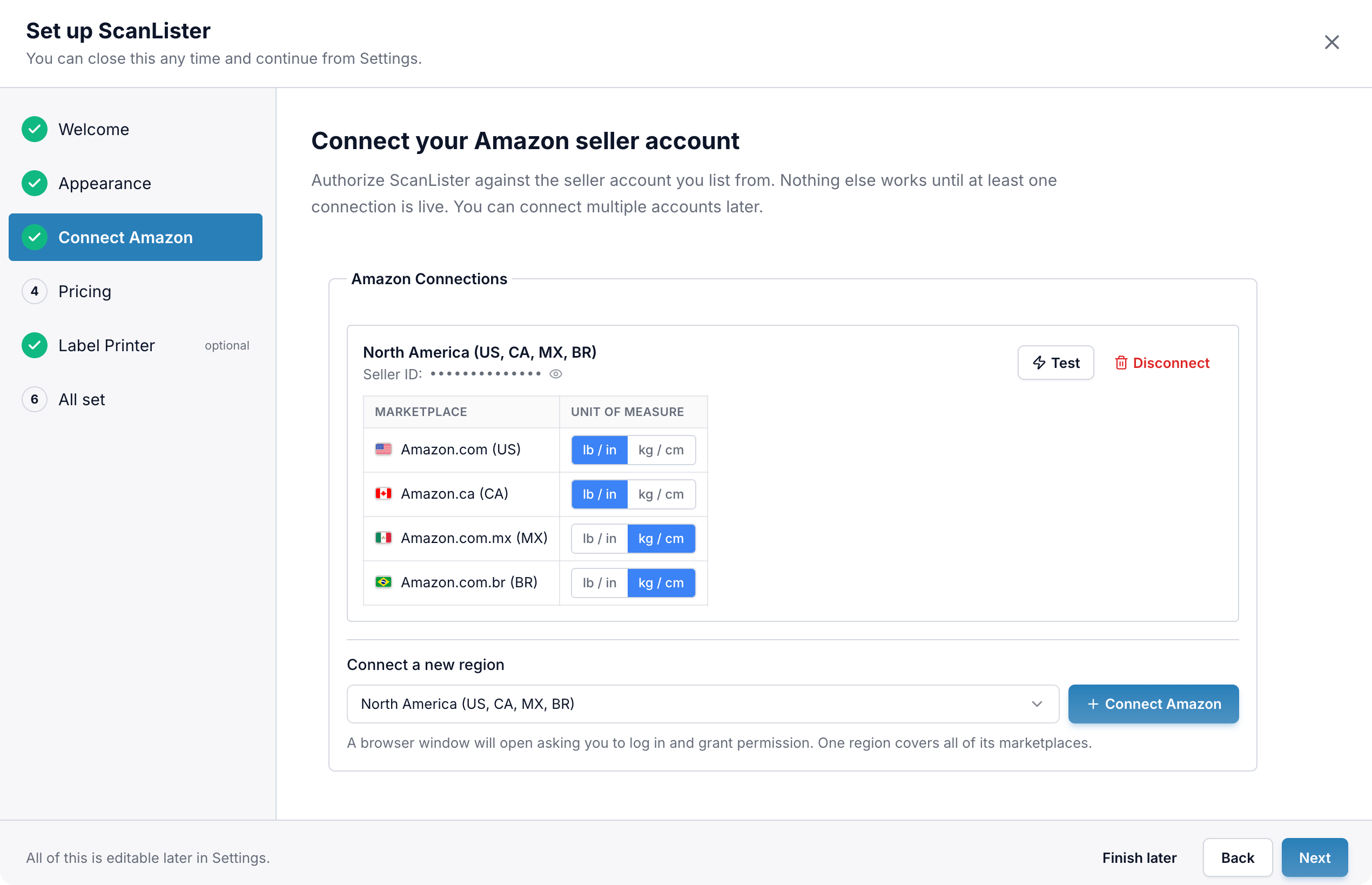 A connected North America account showing four marketplaces with unit of measure toggles