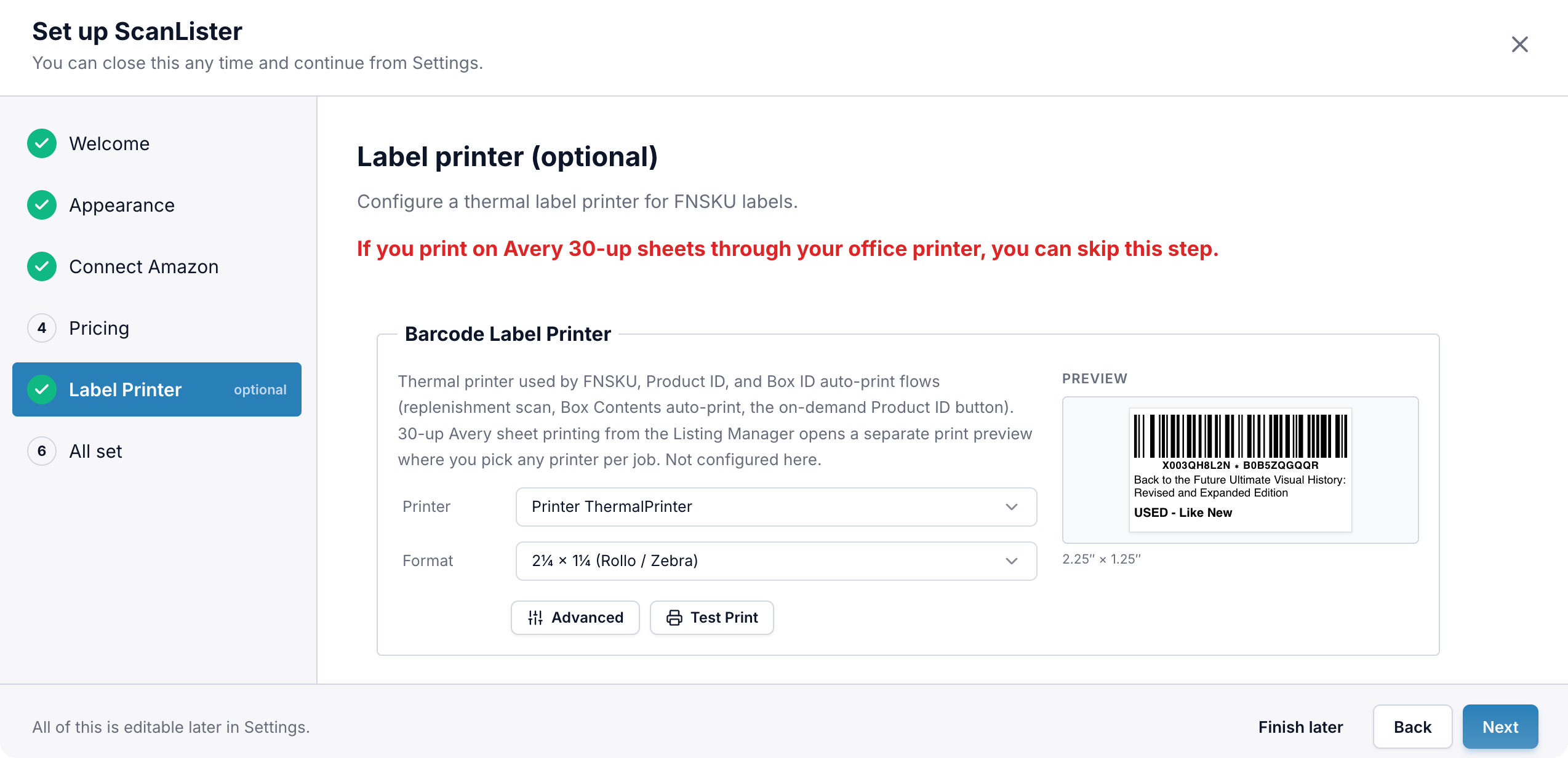 The Label printer step with a thermal printer selected and a live FNSKU label preview