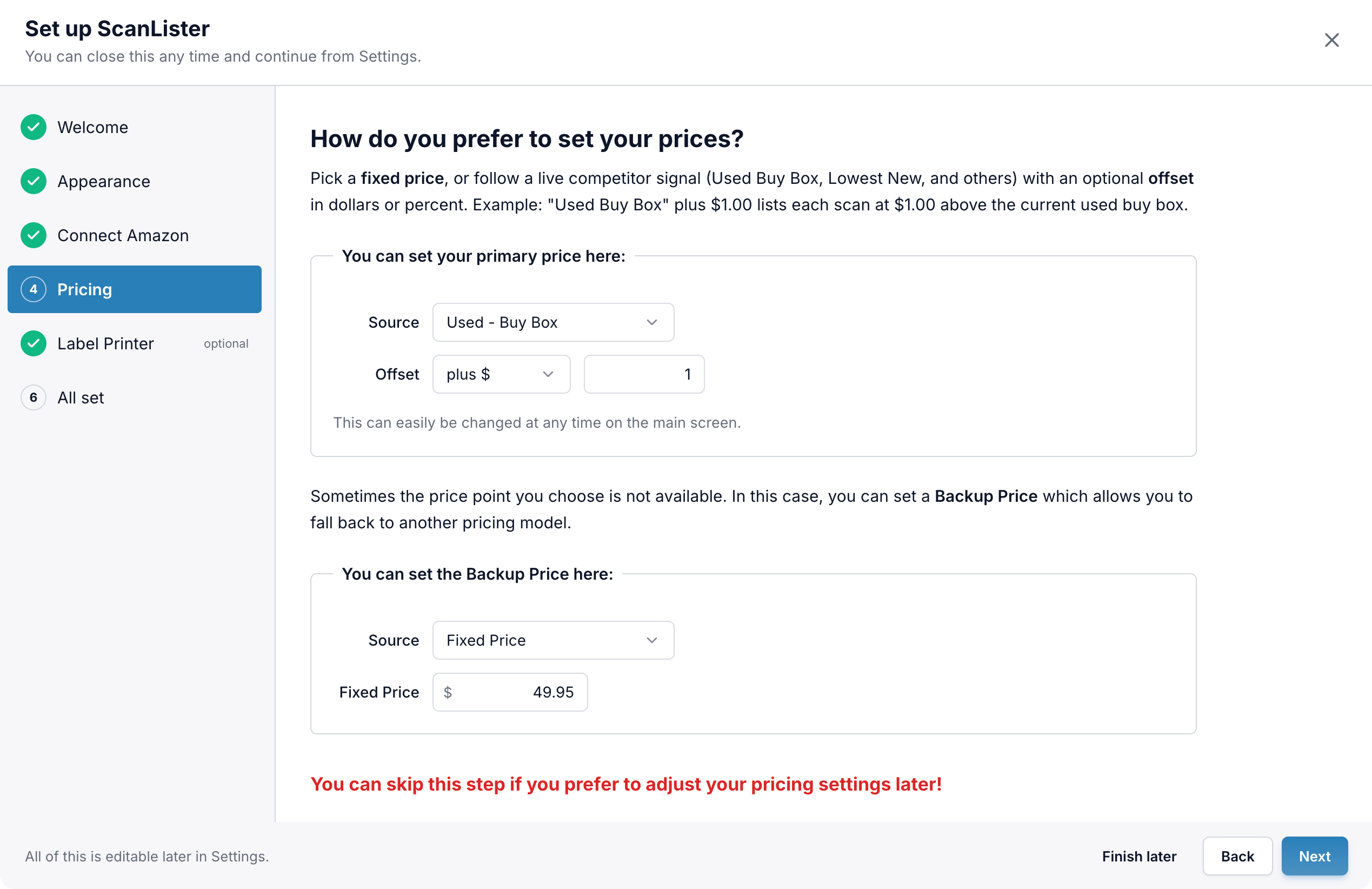 The Pricing step set to Used Buy Box plus one dollar with a fixed backup price