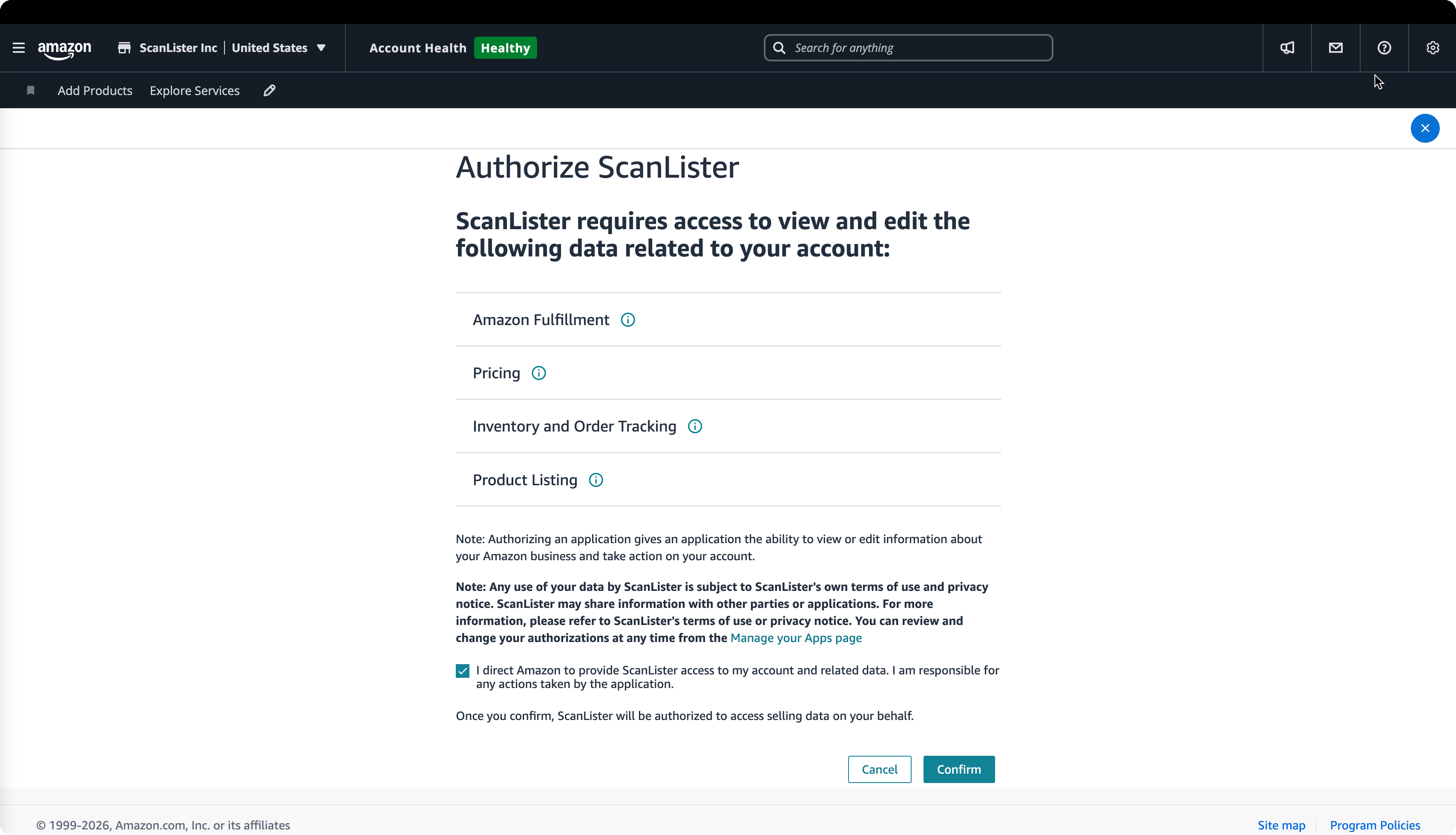 Amazon's Authorize ScanLister page listing four permission groups and a consent checkbox