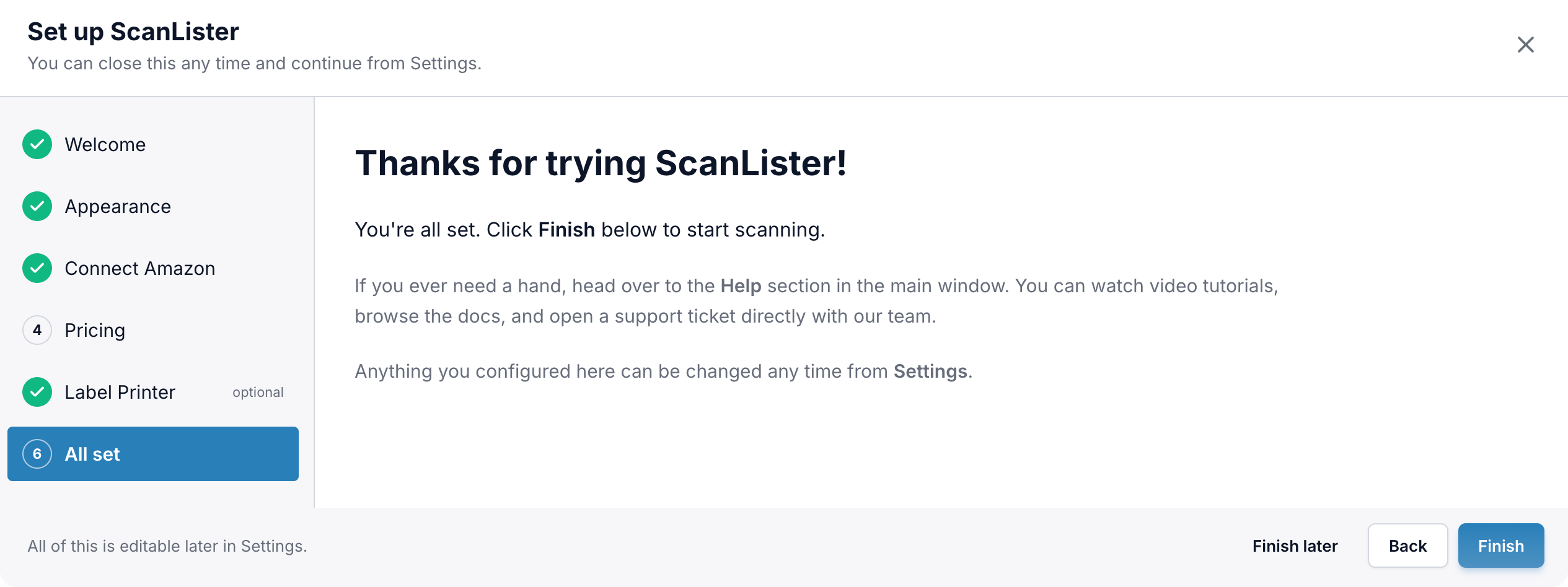 The final step of the ScanLister setup wizard with every step marked complete