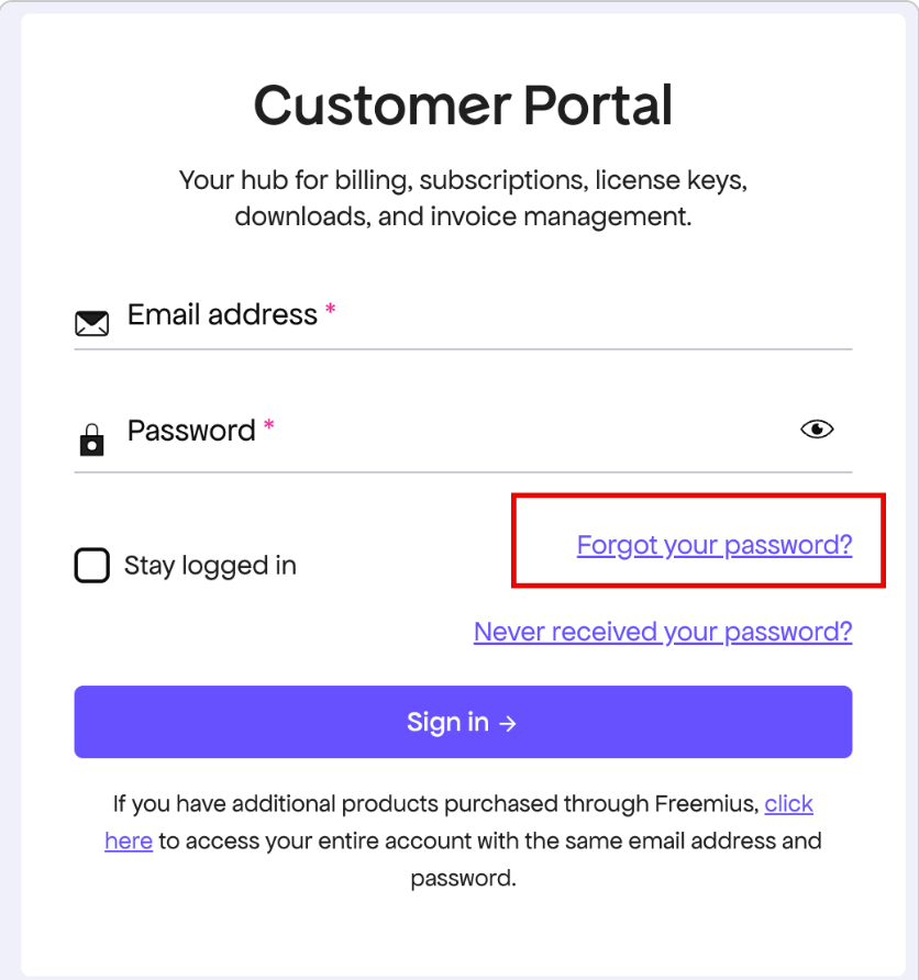 The Customer Portal sign-in screen with the Forgot your password link highlighted