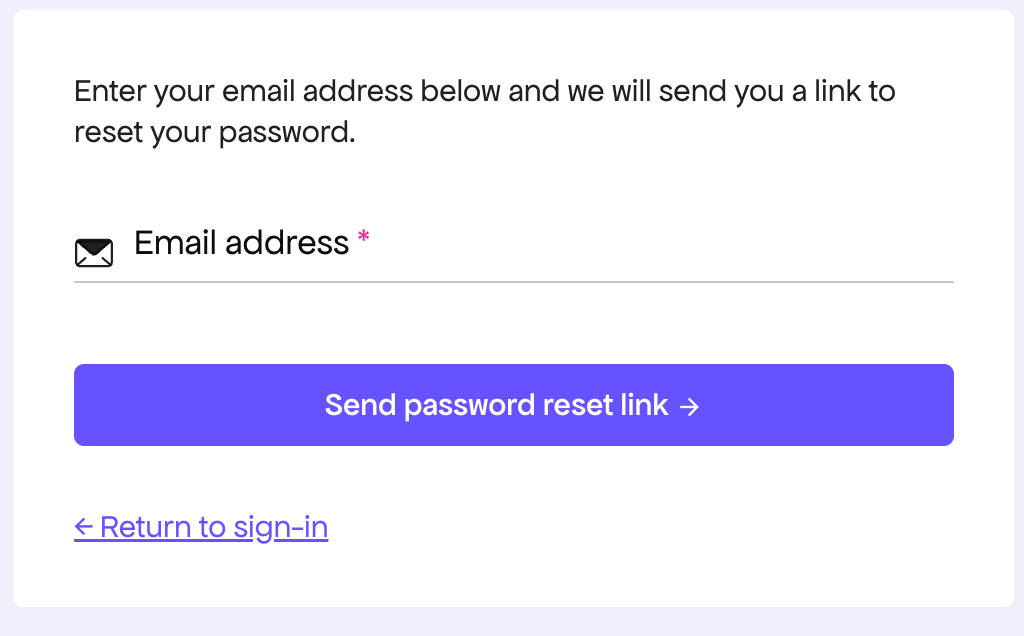 The password reset screen with the email address field and Send password reset link button