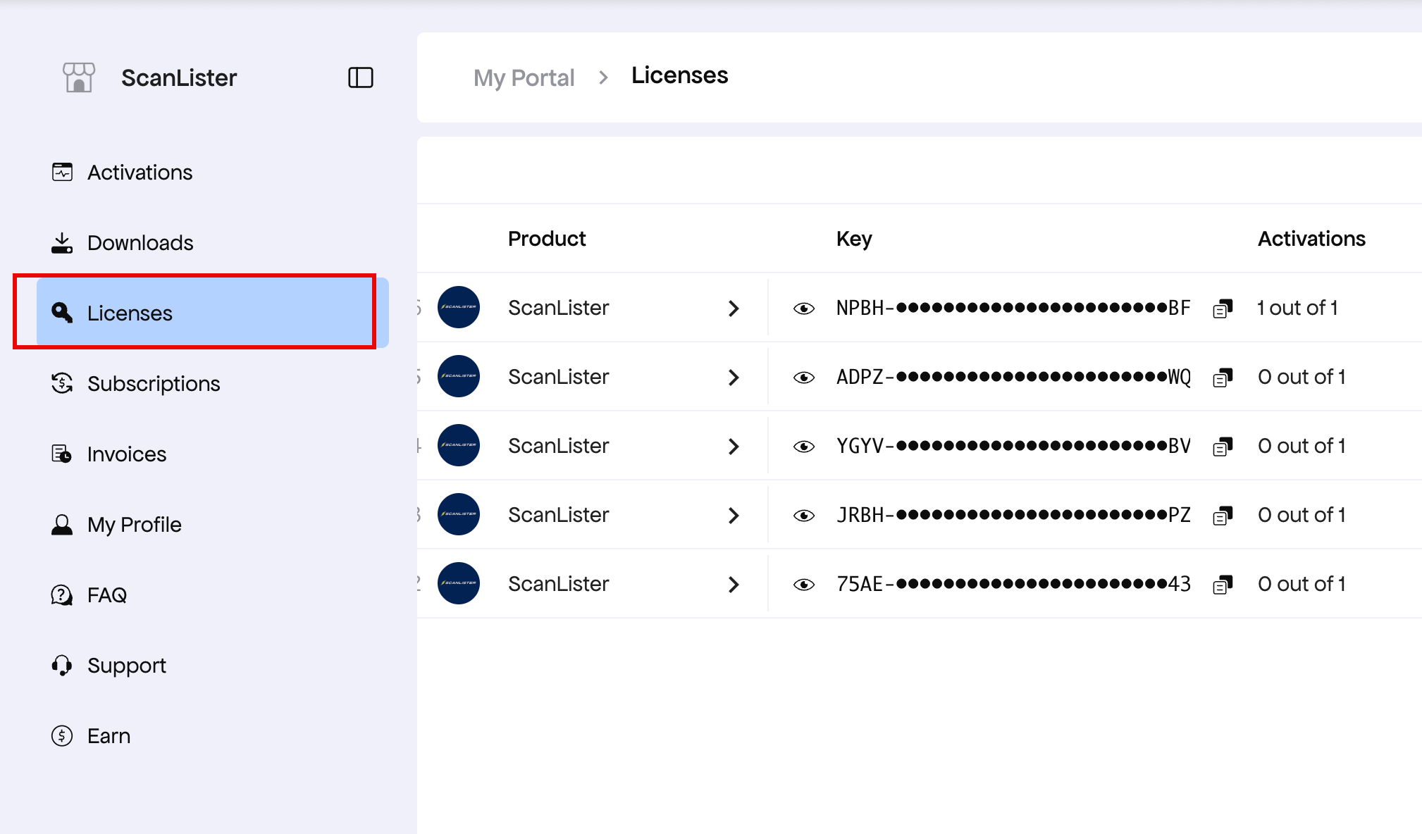 The Licenses screen in the customer portal listing five ScanLister license keys and their activations