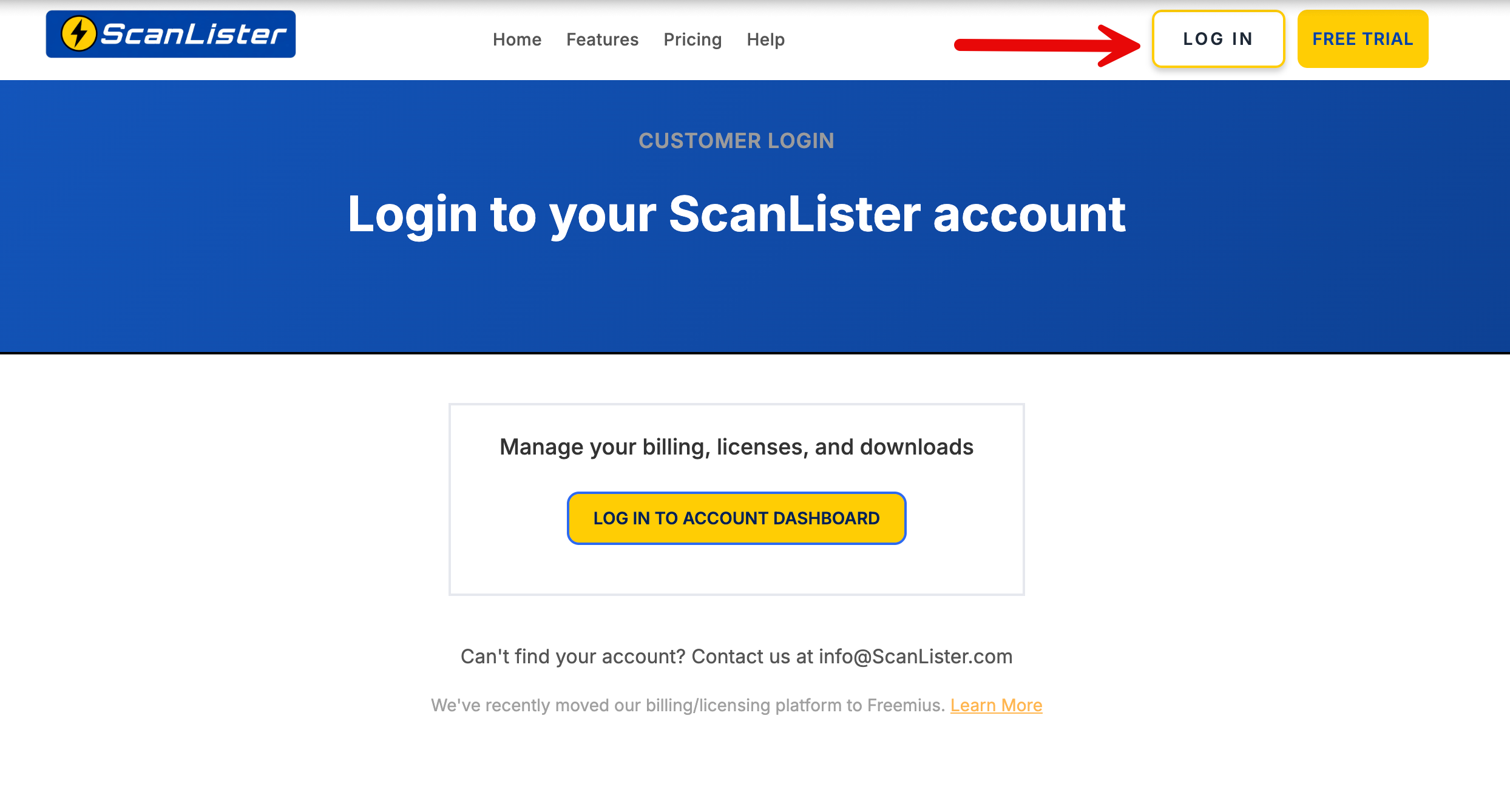 The ScanLister login page with the Log in to Account Dashboard button