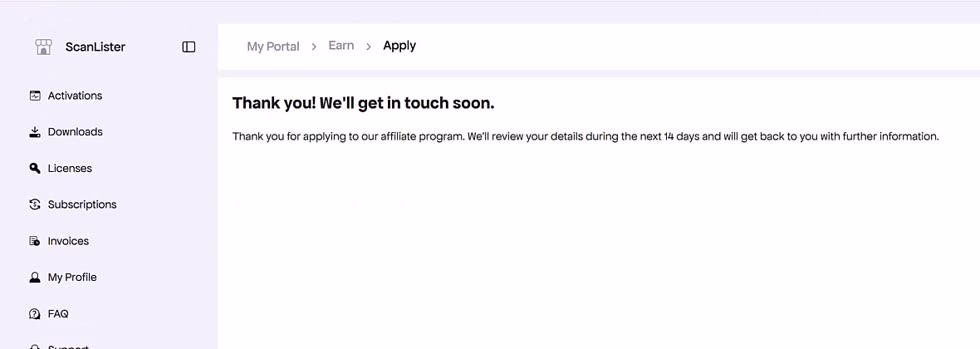 The confirmation screen reading Thank you! We'll get in touch soon.