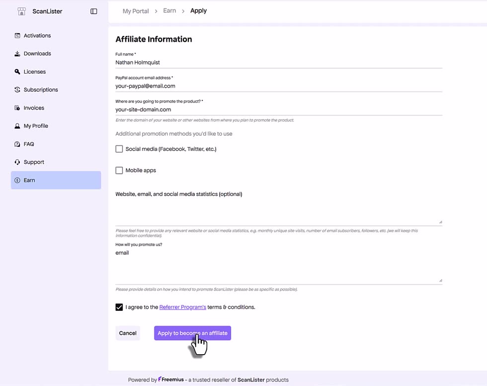 The completed Affiliate Information form with the terms box ticked and the Apply to become an affiliate button active