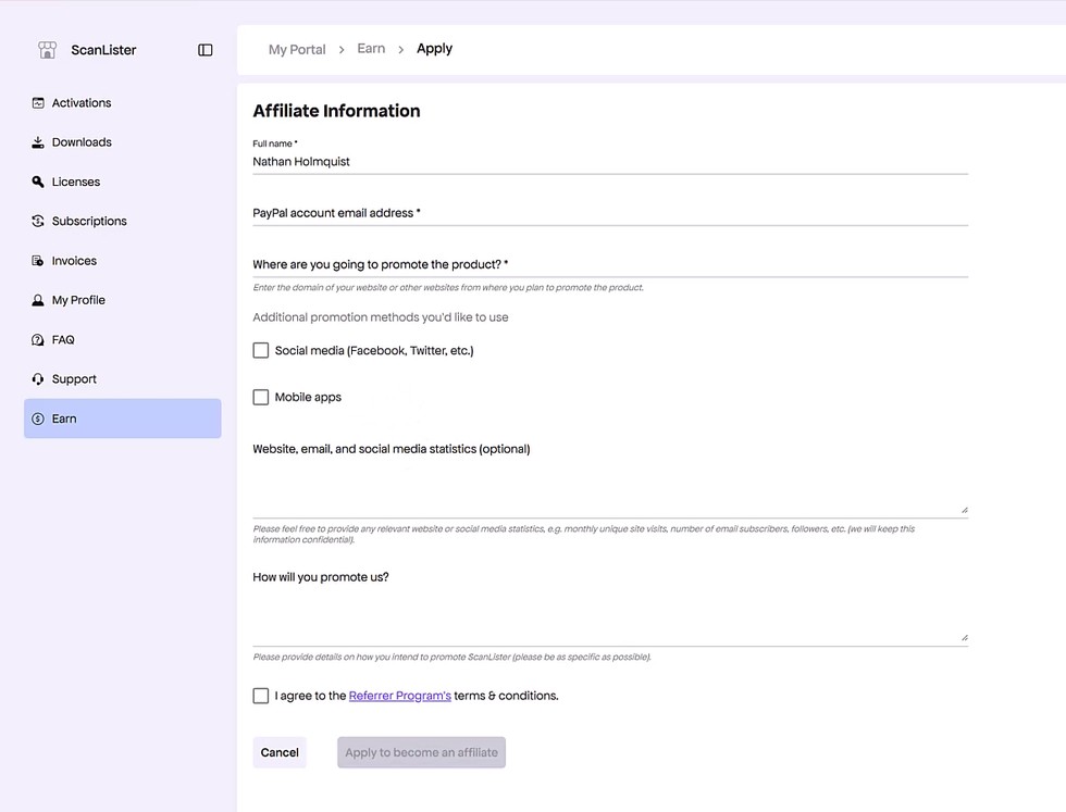 The blank Affiliate Information form, with fields for full name, PayPal email address, and where you plan to promote ScanLister