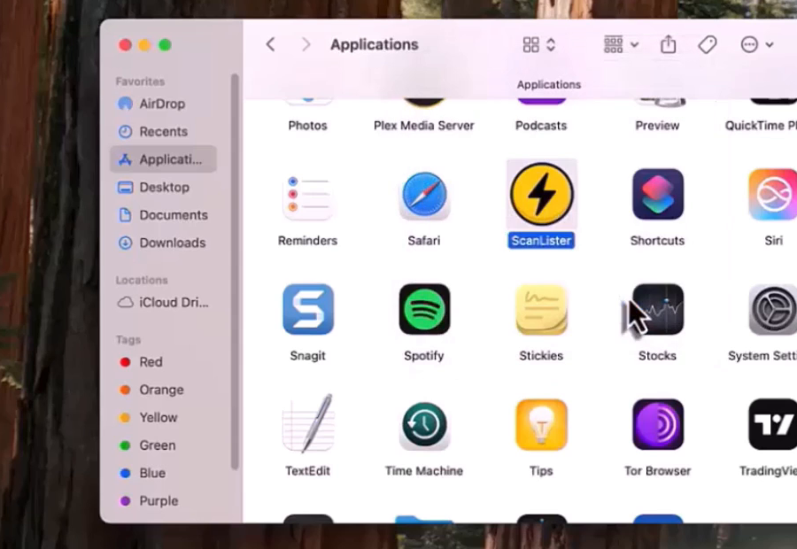 ScanLister selected in the Mac Applications folder