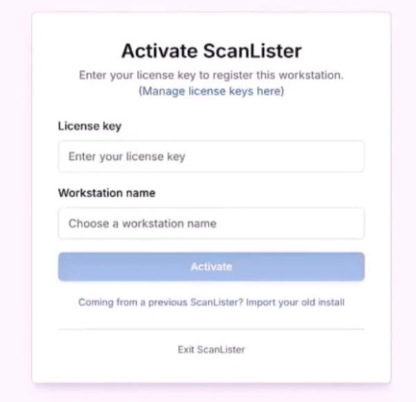 ScanLister activation screen with license key and workstation name fields