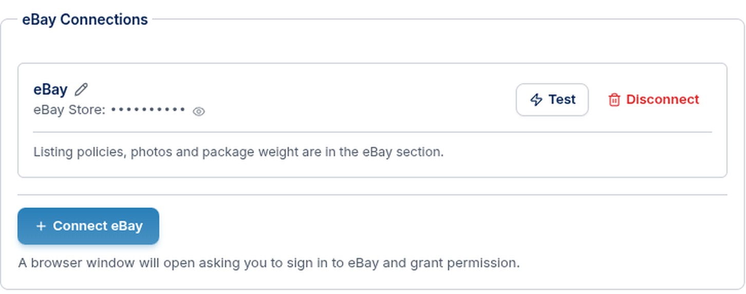 The eBay Connections section of Connected Accounts with the Connect eBay button