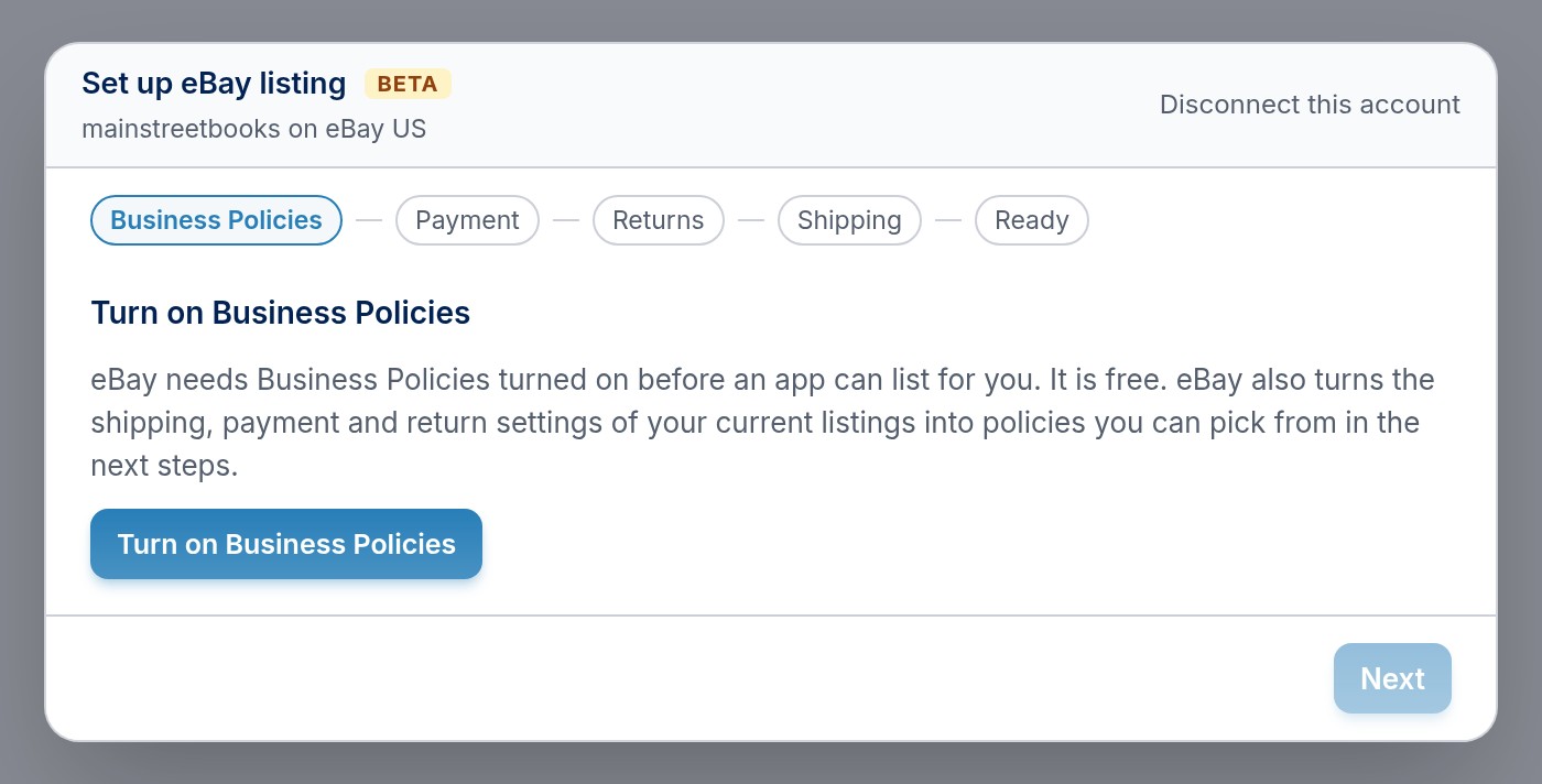 The eBay setup's first step, asking to turn on Business Policies